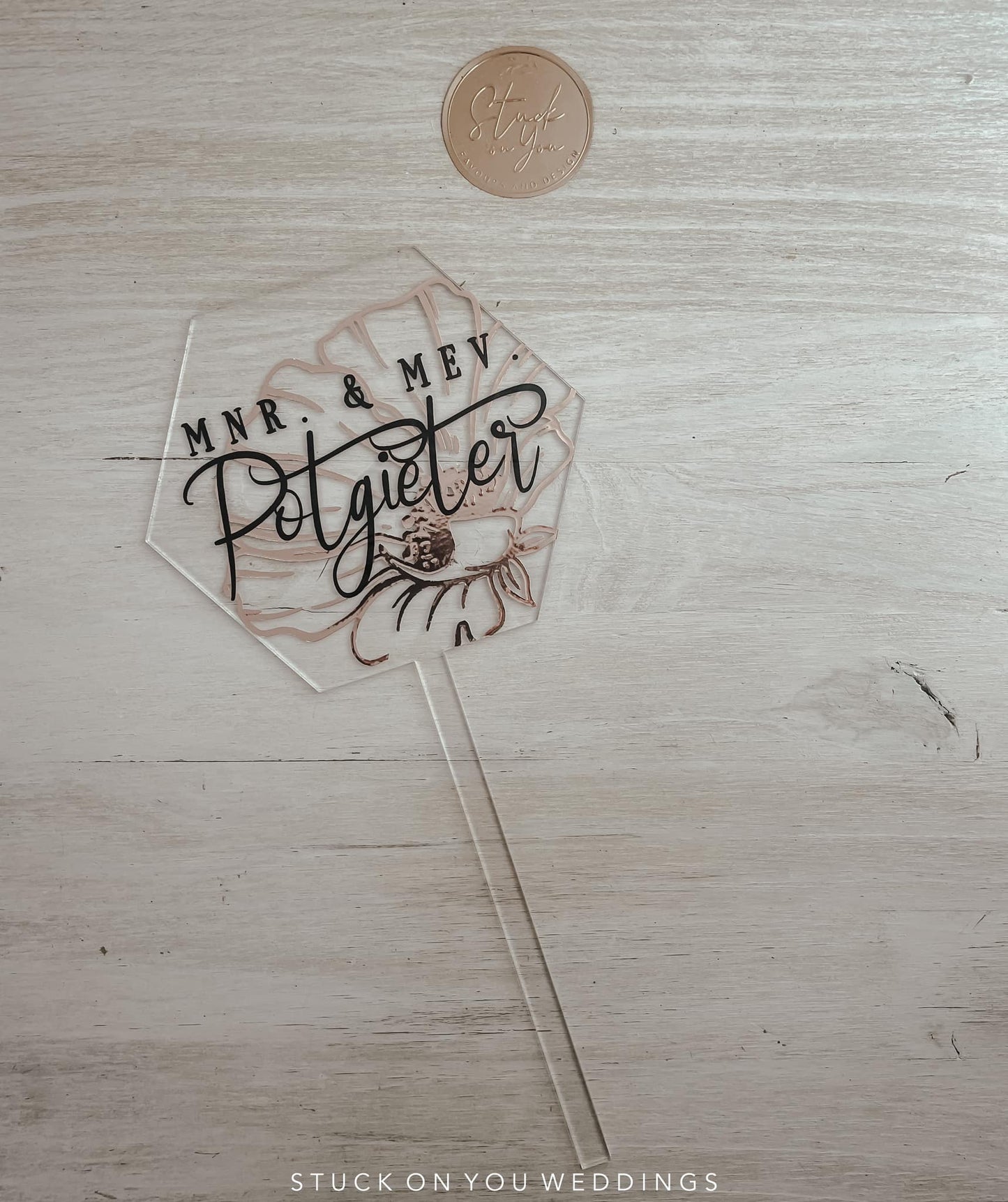 12cm Floral Hexagon Cake Topper - Acrylic