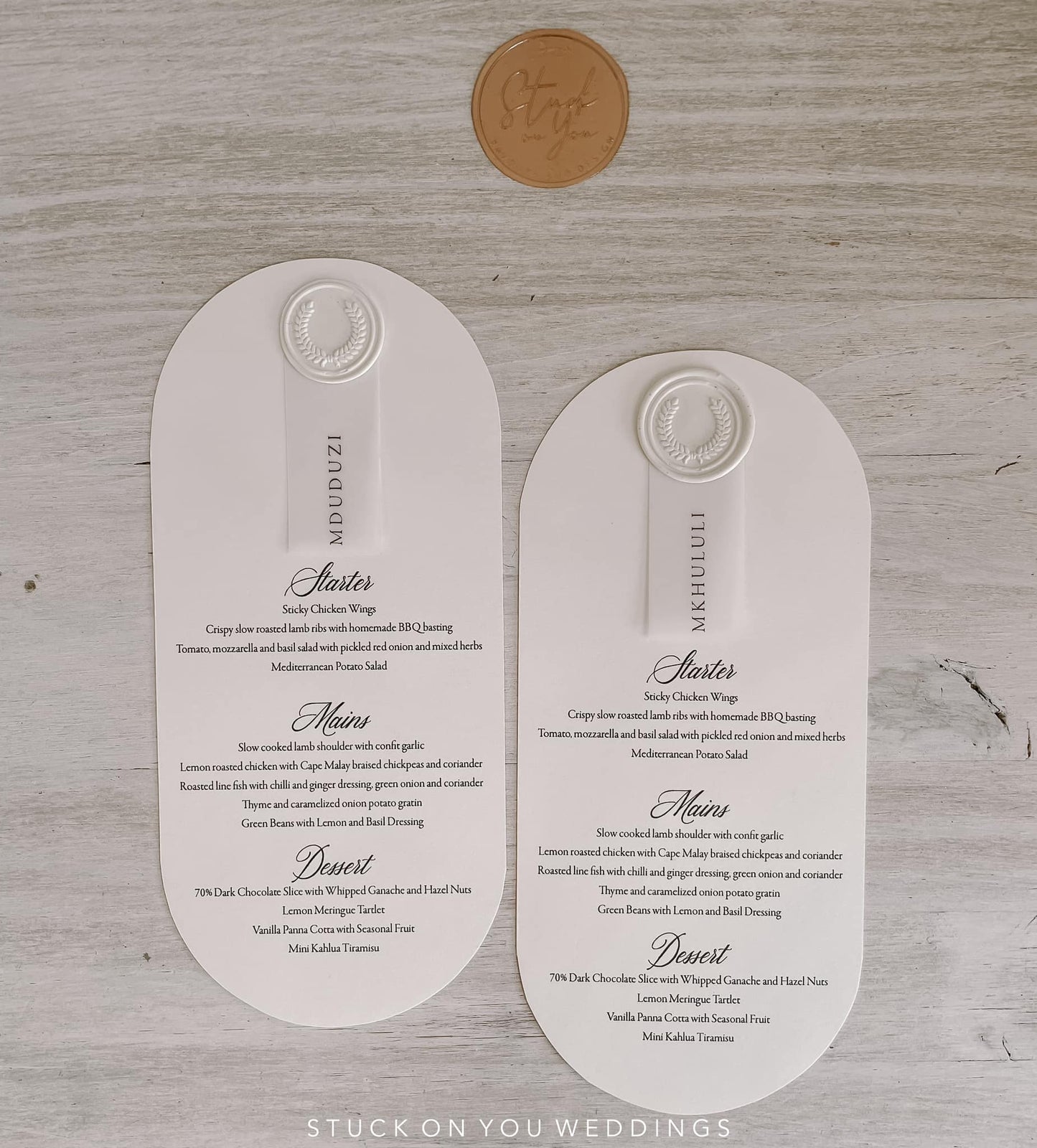 Pill Shaped Menu with Wax Seal & Translucent Name Tag