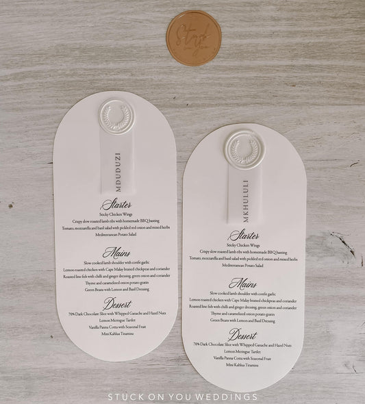 Pill Shaped Menu with Wax Seal & Translucent Name Tag