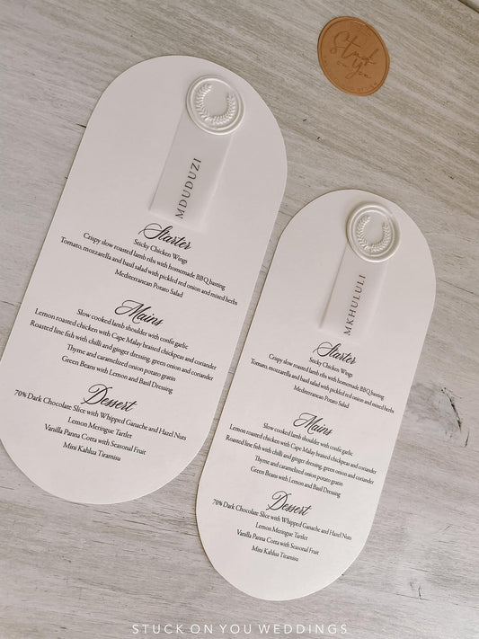 Pill Shaped Menu with Wax Seal & Translucent Name Tag