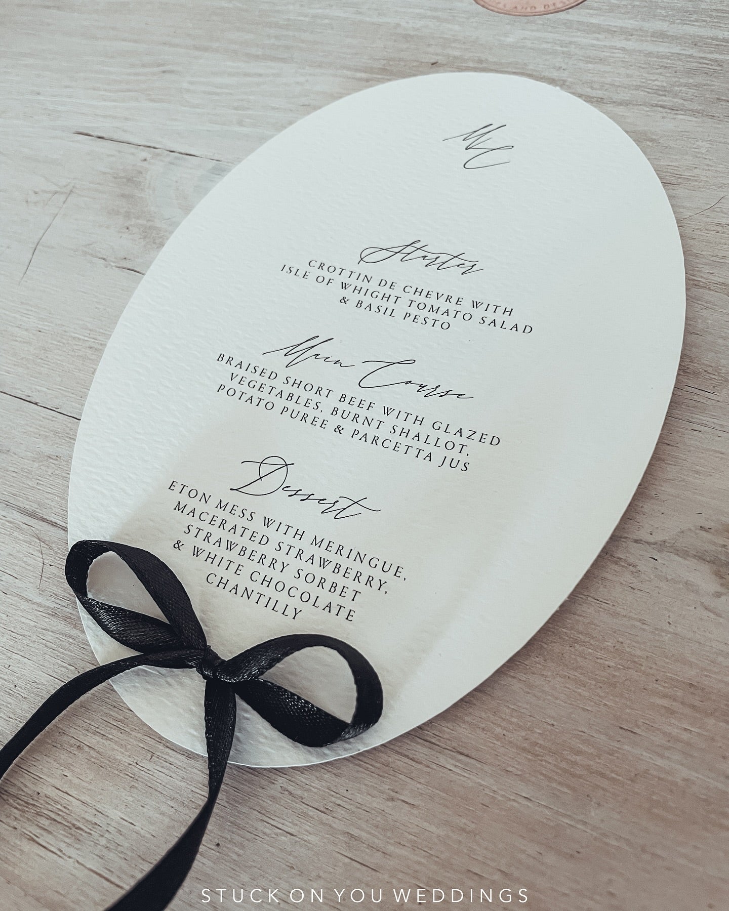 B&W Oval Textured Menu with Ribbon Bow