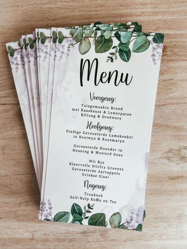Custom Colour Printed Menus without Guest Names