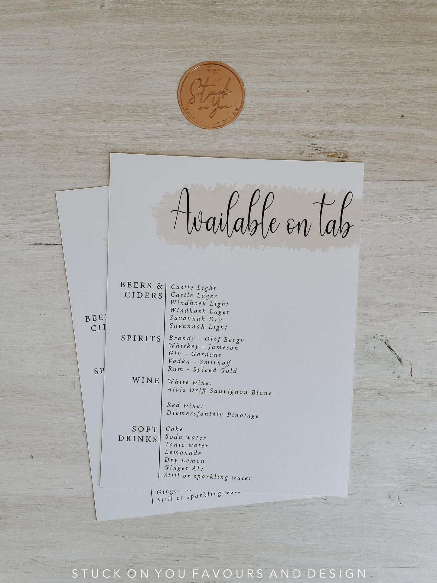 Wedding Bar Menu - On The Tab Drinks