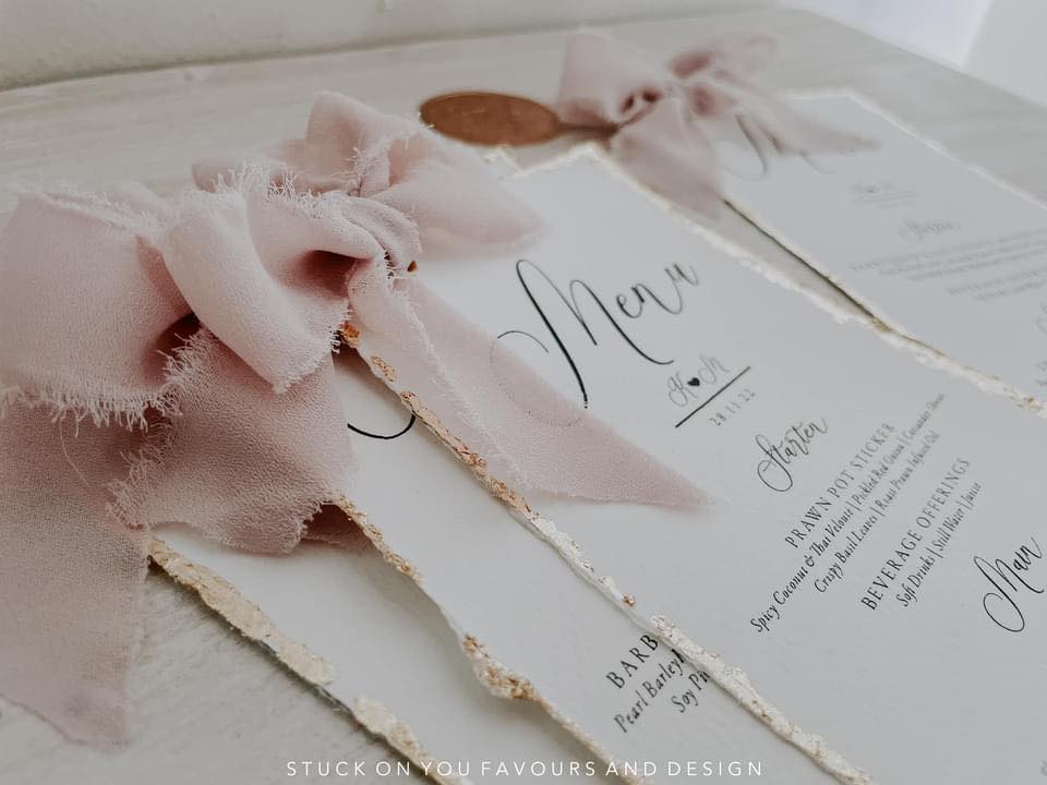 Texture Embossed Menu Gold Leaf Textured Menu with Chiffon Detail – Stuck On You Weddings