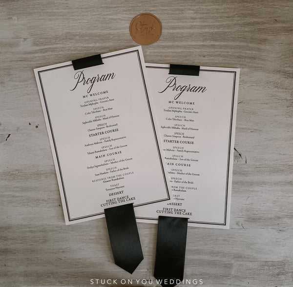 Elegant Program with Black Ribbon Detail – Stuck On You Weddings