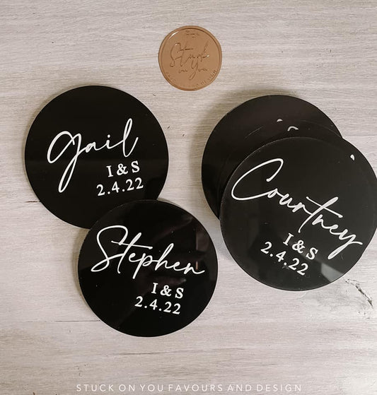 Black Acrylic Coaster with Guest Name & Date